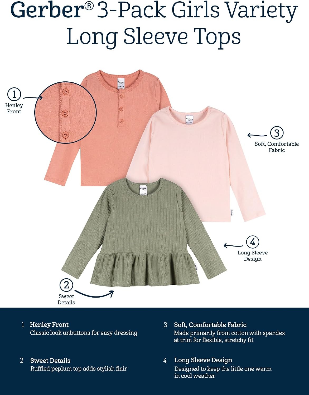 image:imageGerber Baby Girls 3Pack Long Sleeve ShirtsGreen Pink Coral