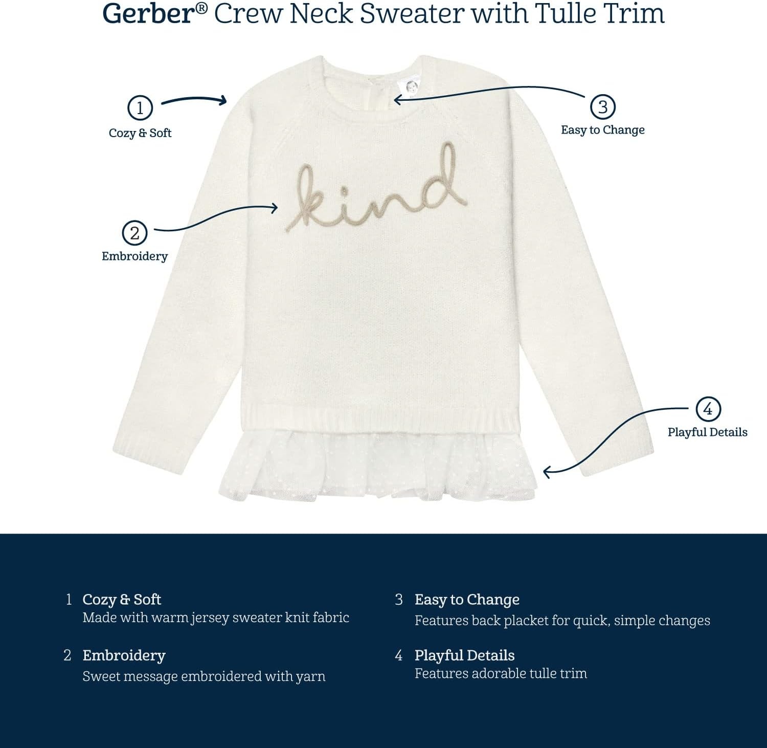 image:imageGerber Baby amp Toddler Girls Sweater with Tulle TrimWhite