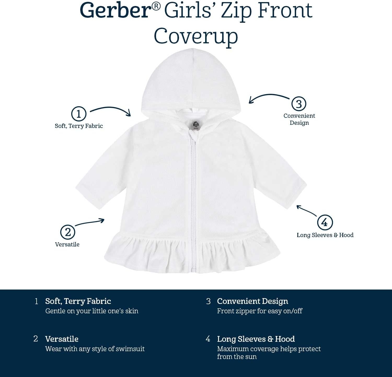image:imageGerber Baby amp Toddler Girls Zipper Hoodie Terry Swimsuit Cover UpWhite