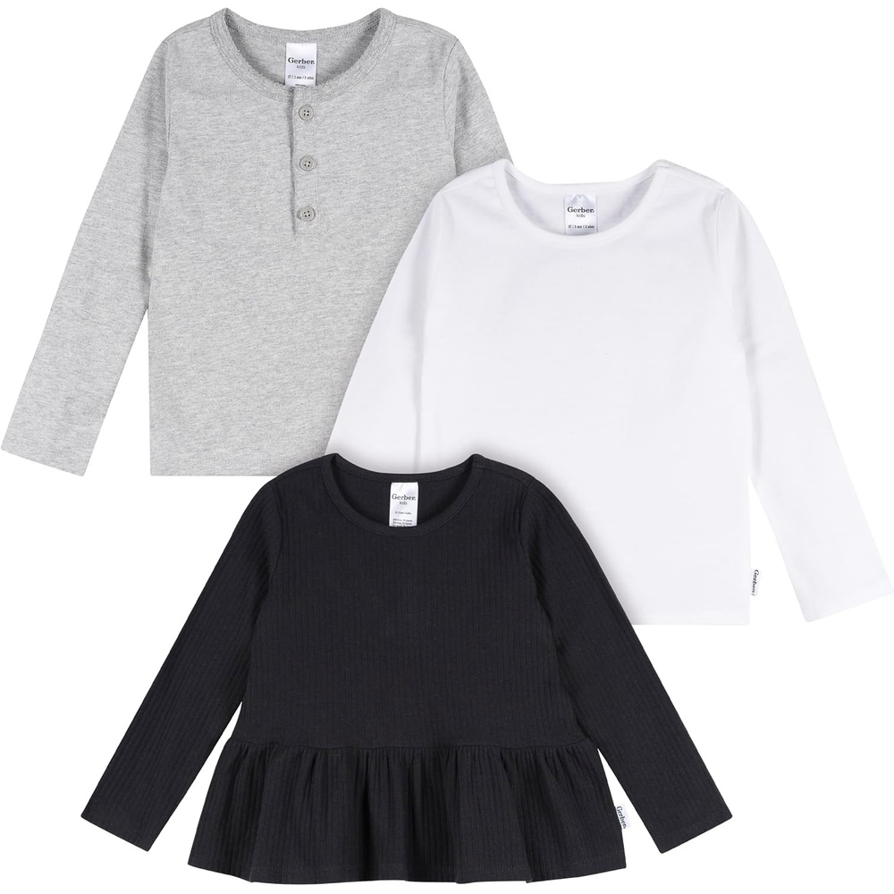 image:imageGerber Baby Girls 3Pack Long Sleeve ShirtsBlack White Gray