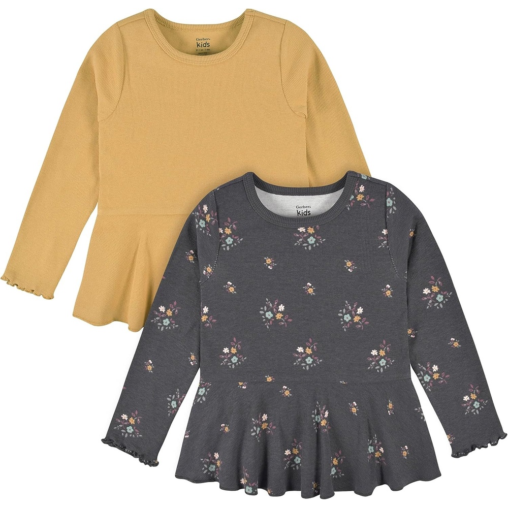 image:imageGerber Baby amp Toddler Girls 2Pack Peplum Waist TopsMustard Floral