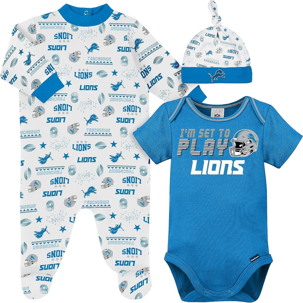 image:imageGerber NFL Baby 3Piece Footed Sleep and Play and Bodysuit Gift SetDetroit Lions