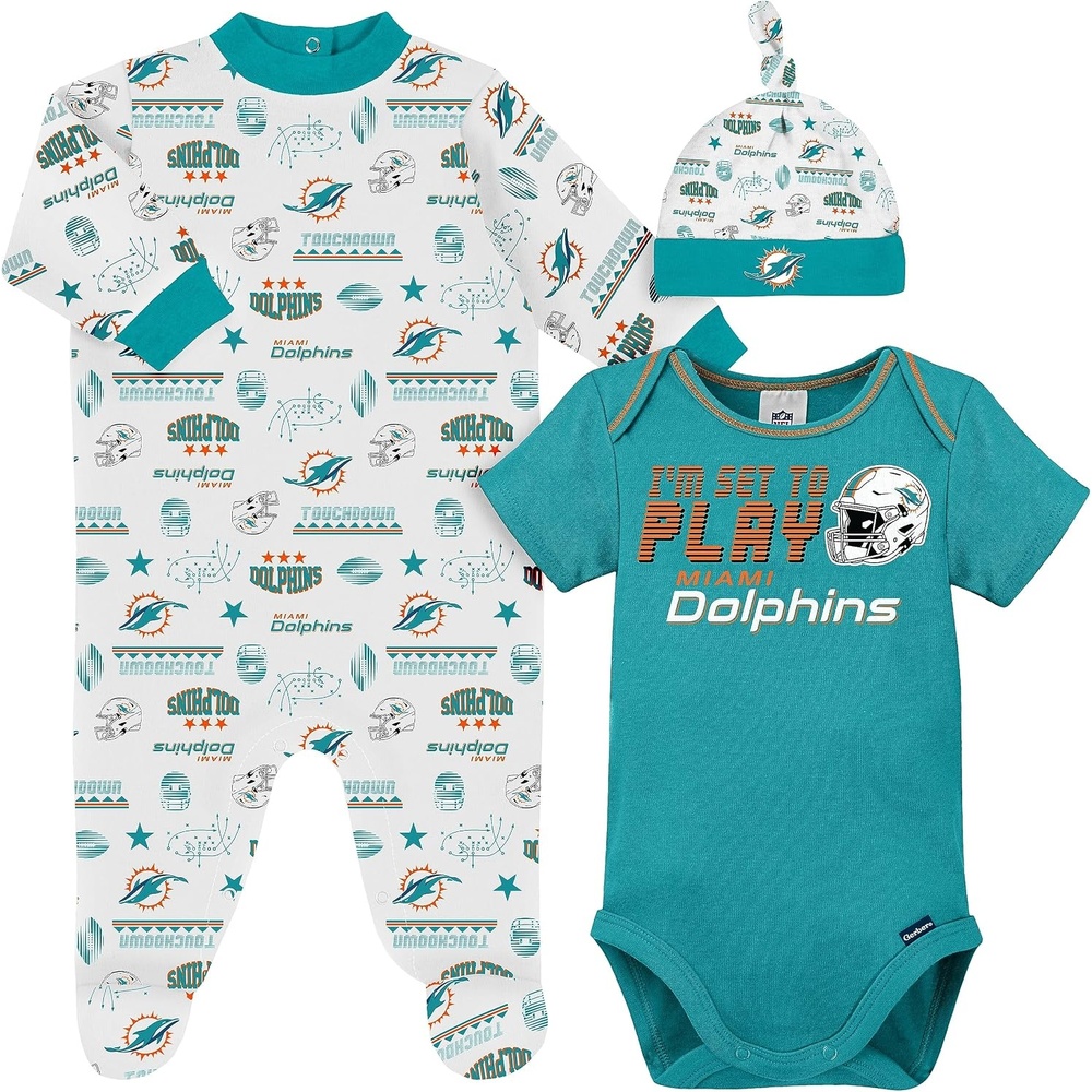image:imageGerber NFL Baby 3Piece Footed Sleep and Play and Bodysuit Gift SetMiami Dolphins