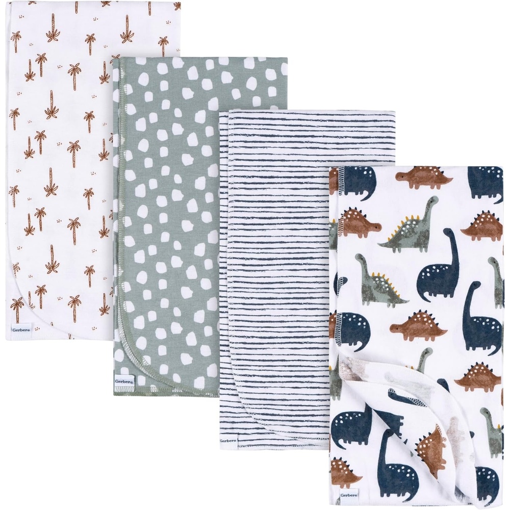 image:imageGerber Unisex Baby 100 Cotton Flannel Receiving Blankets 30x30 Inches Pack of 4 Animal Geo Girl One SizeDino Time